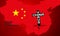 Black cross with the words China and the Virus is stuck in cracked ground against the background of a map of China in