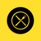 Black Crossed fork and knife on plate icon isolated on yellow background. Restaurant symbol. Long shadow style. Vector