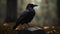 Black crow perching on branch, scavenging carrion in spooky forest generated by AI