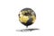 Black crude oil sphere golden globe floating on white background. Electric power technology from combustion and crude oil Refinery