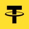 Black Cryptocurrency coin Tether USDT icon isolated on yellow background. Physical bit coin. Digital currency