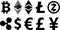 Black cryptocurrency symbols on white.