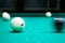 Black cue ball striking white balls with number 6. Russian pyramid (Russian billiard, pyramid billiards), cue sport.