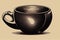 a black cup with a handle on a beige background with a swirly handle on the top of it