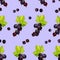 Black currant berries on a purple background in a seamless pattern