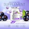 Black currant dietary supplement ads. Vector Illustration with eye supplement contained in bottle and blackcurrant elements