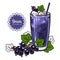 Black currant smoothie - summer cool drink with blended fresh ripe fruits and ice in glass in sketch style.