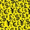 Black currency signs usd, pound, euro and yen. On yellow background. Seamless pattern. Vector illustration