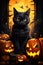 Black cute cat character at Happy Halloween background. Copy space.