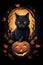 Black cute cat character at Happy Halloween background. Copy space.