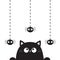 Black cute cat kitten face head looking on hanging spider. Dash line. Paw print. Cartoon kitty funny character. Kawaii animal. Hal