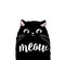 Black cute cat vector print design. Meow lettering text. Kitten face vector background. Funny and cool smiling cartoon