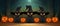 Black cute cats wear witch hats at Happy Halloween background.