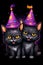 Black cute cats wear witch hats at Happy Halloween background.