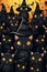Black cute cats wear witch hats at Happy Halloween background.