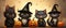 Black cute cats wear witch hats at Happy Halloween background.