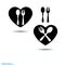 Black cutlery icon set in heart shape. Fork and spoon silhouettes. Vector available illustrations