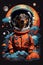 black dachshund cosmonaut on the background of planets and stars graphics