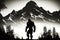 black dangerous silhouette of huge monster bigfoot against background of snowy mountains