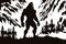 Black dangerous silhouette of huge monster bigfoot against background of snowy mountains