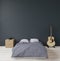 Black and dark green modern bedroom with guitar sideboard and camera, mock up, copy space
