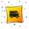 Black Delivery cargo truck vehicle icon isolated on white background. Yellow square button. Vector Illustration
