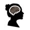 Black detailed woman face profile with brain brain with round messy doodle hatching in head, depression concept on white