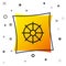 Black Dharma wheel icon isolated on white background. Buddhism religion sign. Dharmachakra symbol. Yellow square button