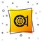 Black Dharma wheel icon isolated on white background. Buddhism religion sign. Dharmachakra symbol. Yellow square button