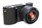 Black digital camera, mirrorless interchangeable-lens camera. 3D rendering