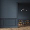 Black dining room, wooden chairs, door and wall