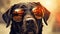 Black dog portrait with reflective sunglasses