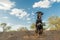 A black dog sitting on a ridge with the blue sky and white clouds behind her.