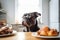Black dog suiting in front of kitchen counter with roasted chicken. Generative ai