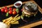 Black double hamburger made from beef with jalapeno pepper, cheese and vegetables-3