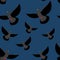 Black Dove seamless pattern. Gray pigeons fly at night. Background of flying birds. Winged night pigeons fly in dark.