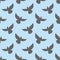 Black dove seamless pattern. Pigeons flying background. Birds in