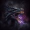 Black dragon head in lightning storm. AI generative