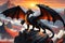 Black Dragon Perched Atop a Jagged Mountain Ridge: Scales Glistening with the Setting Sun\\\'s Fiery Glow