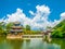 Black Dragon Pool and Moon Embracing Pavilion on sunny day, Lijiang, Yunnan Province, China