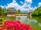 Black Dragon Pool and Moon Embracing Pavilion on sunny day, Lijiang, Yunnan Province, China