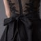 Black dress with a bow, view from the back. Fashion