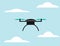 Black drone with blue wings in the sky with clouds