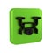 Black Drone flying icon isolated on transparent background. Quadrocopter with video and photo camera symbol. Green