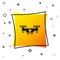 Black Drone flying icon isolated on white background. Quadrocopter with video and photo camera symbol. Yellow square