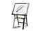 Black easel with paint palette and brushes, white, 3d illustration