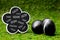 Black easter eggs on green meadow, sign with word easter in diff