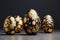 Black Easter eggs with handmade gold pattern. Hand-painted eggs. Trend. concept of a happy Easter.