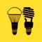 Black Economical LED illuminated lightbulb and fluorescent light bulb icon isolated on yellow background. Save energy