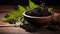 Black elderberries (Sambucus nigra) in a bowl and some berries on rustic wooden table. generative ai